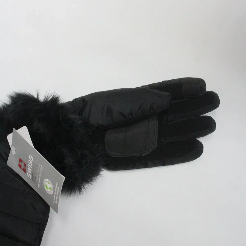 Girls Swiss Tech Quilted S-M Black Peakproof Waterproof Ski Glove Faux Fir Trim